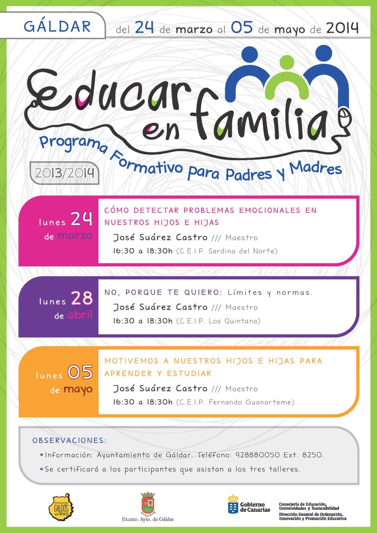 El Programa “Educar en Familia” ofrece tres talleres en los centros educativos de Gáldar.