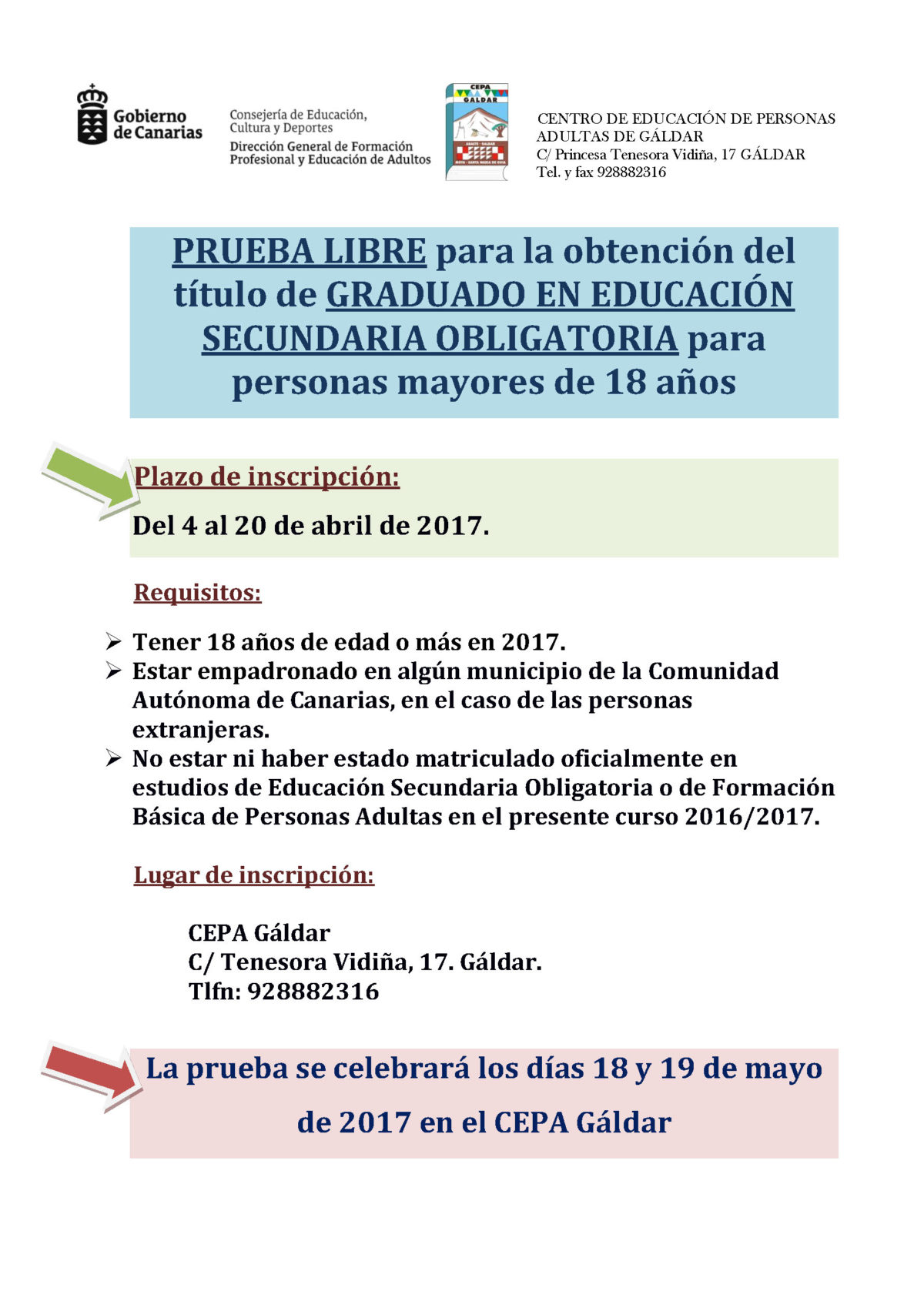 Prueba Libre para la Obtención del Graduado en Educación Secundaria Obligatoria en el CEPA de Gáldar